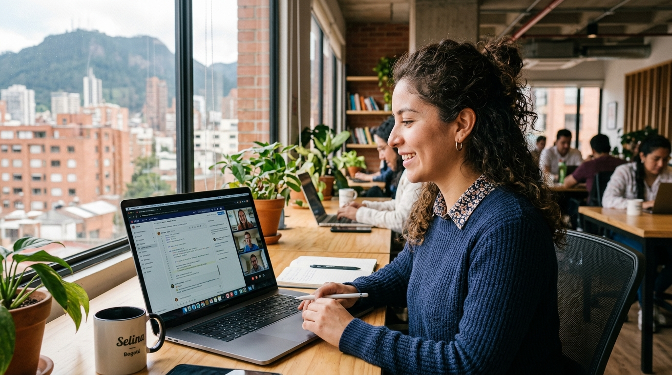Latin American developer on video call for nearshore coding outsourcing project, laptop showing code review in modern co-working space