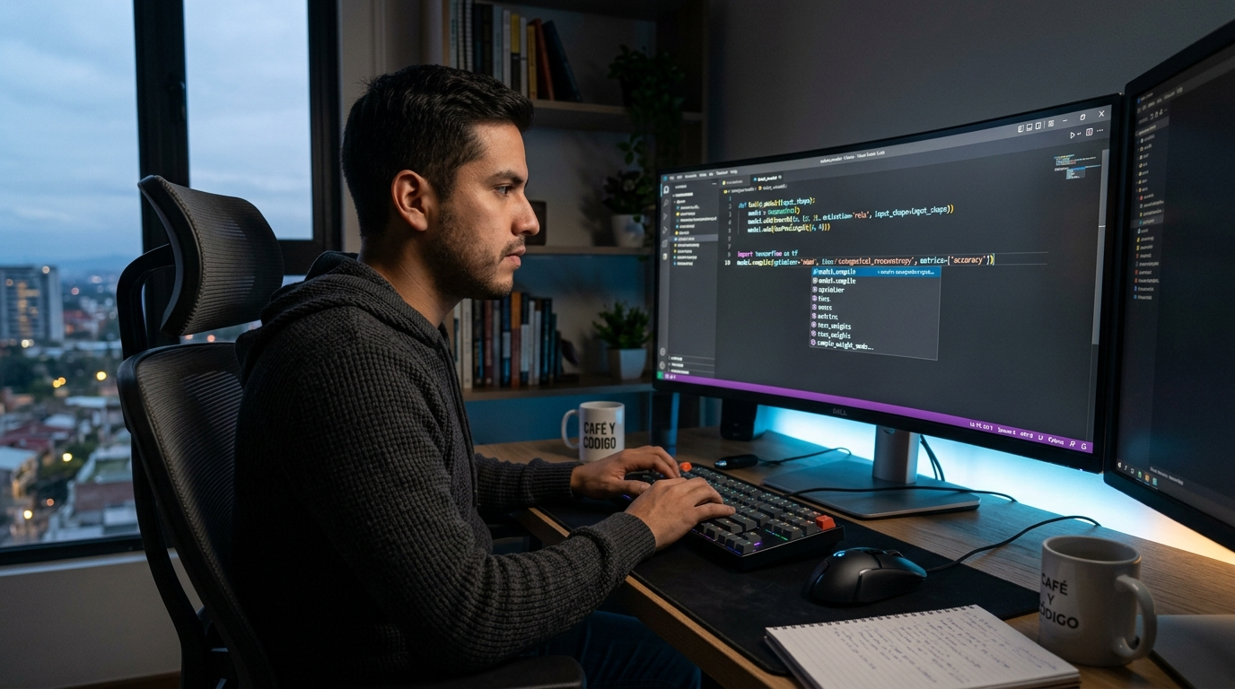 Latin American developer using AI coding assistant for nearshore coding outsourcing, code autocompleting on large monitor
