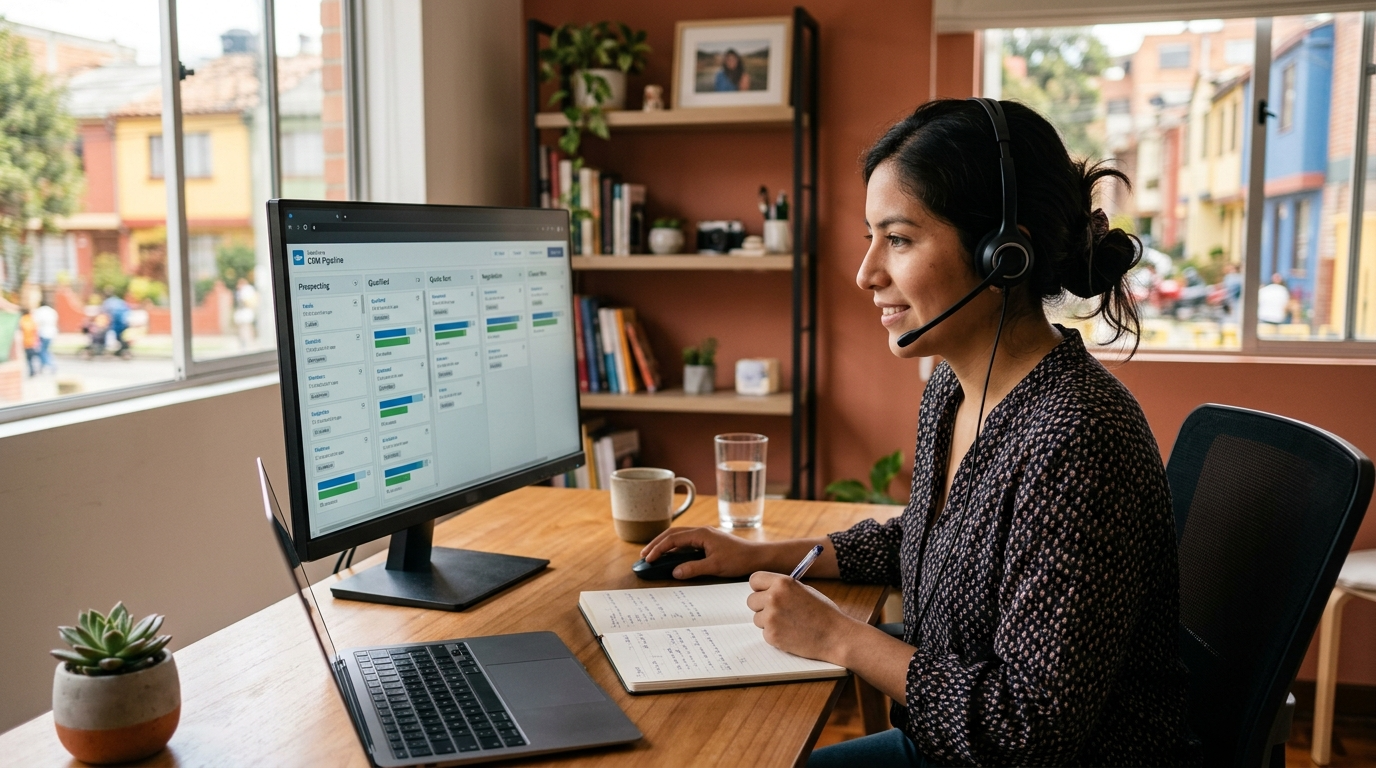 Nearshore cold calling VA at a Latin American home office desk reviewing a CRM pipeline during US business hours