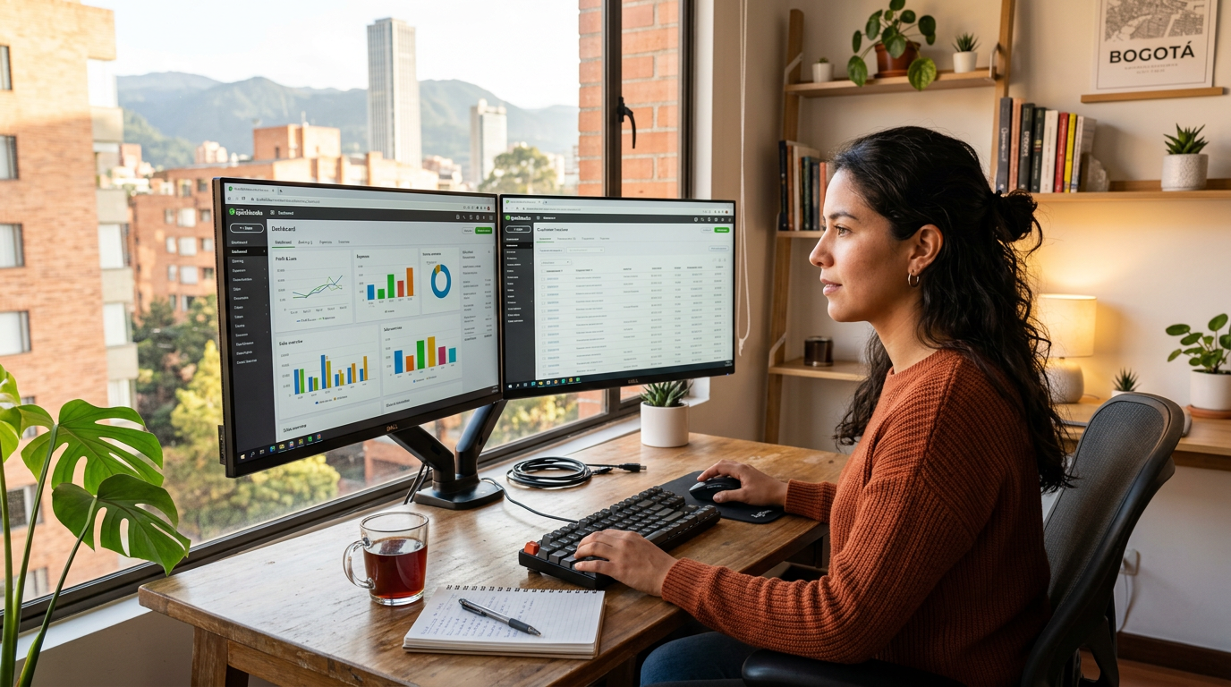 Latin American nearshore accounting professional reviewing company accounting dashboard on dual monitors in a modern home office