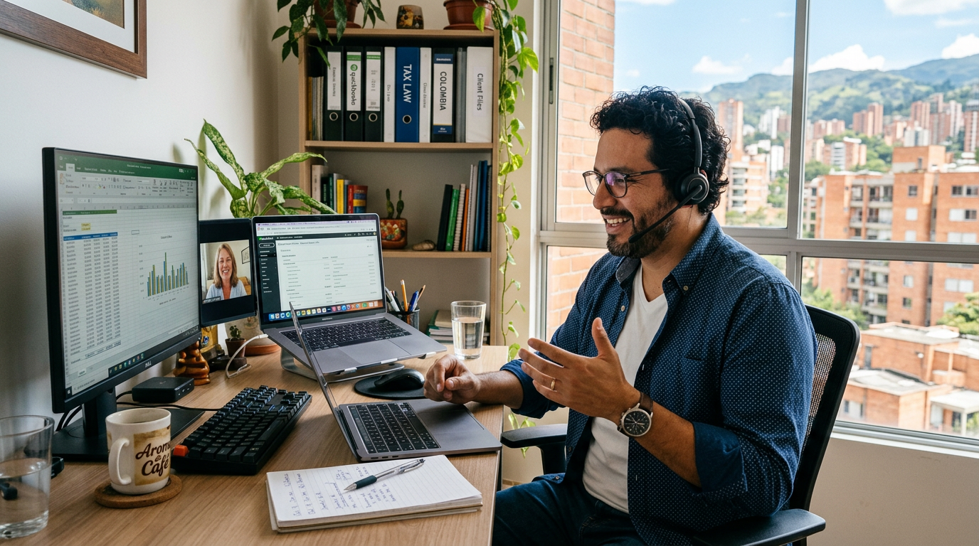 Latin American nearshore accountant on video call with US business client, company accounting Latin America workflow in real time