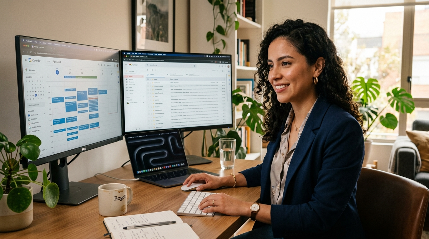 Latin American remote executive assistant working at dual-monitor desk — comparing platforms for hiring remote exec assistants in 2026