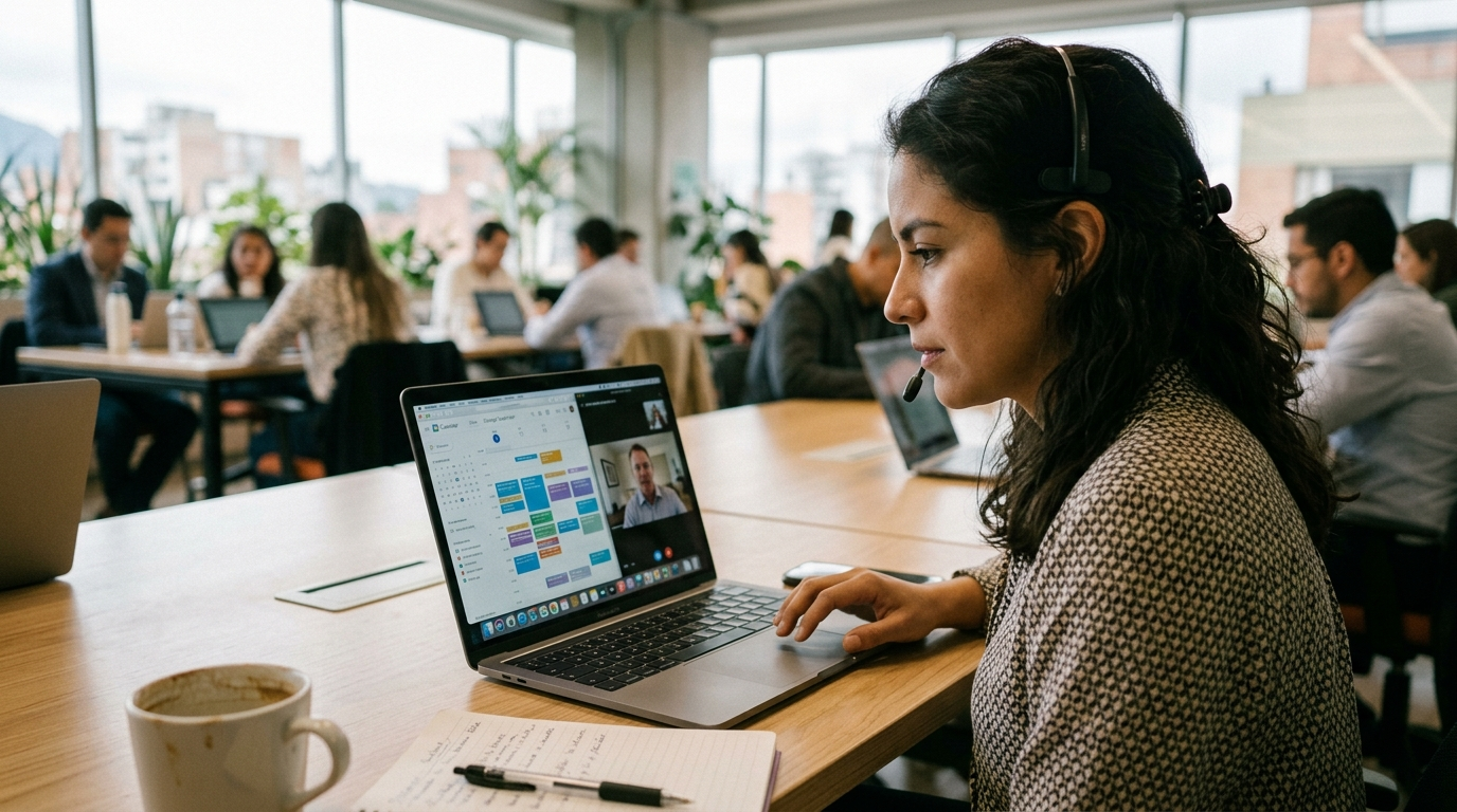 Nearshore Latin American executive assistant on video call with US client — platform comparison for remote exec assistants 2026