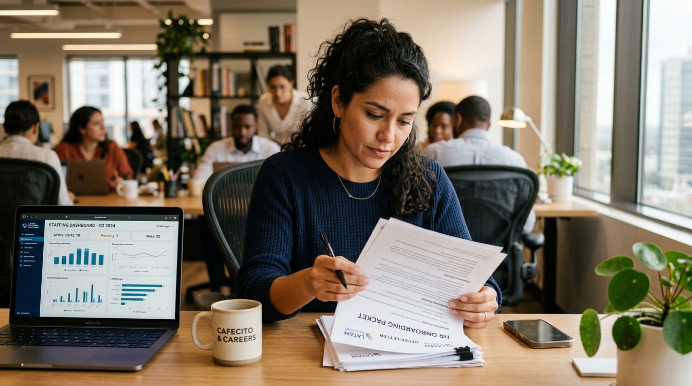 Latin American HR professional reviewing cost of bad hire data and employee retention metrics on laptop at modern office desk