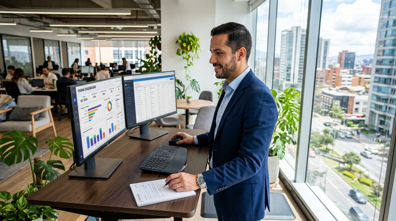 Latin American hiring manager analyzing recruitment ROI and cost of bad hire metrics on office monitors