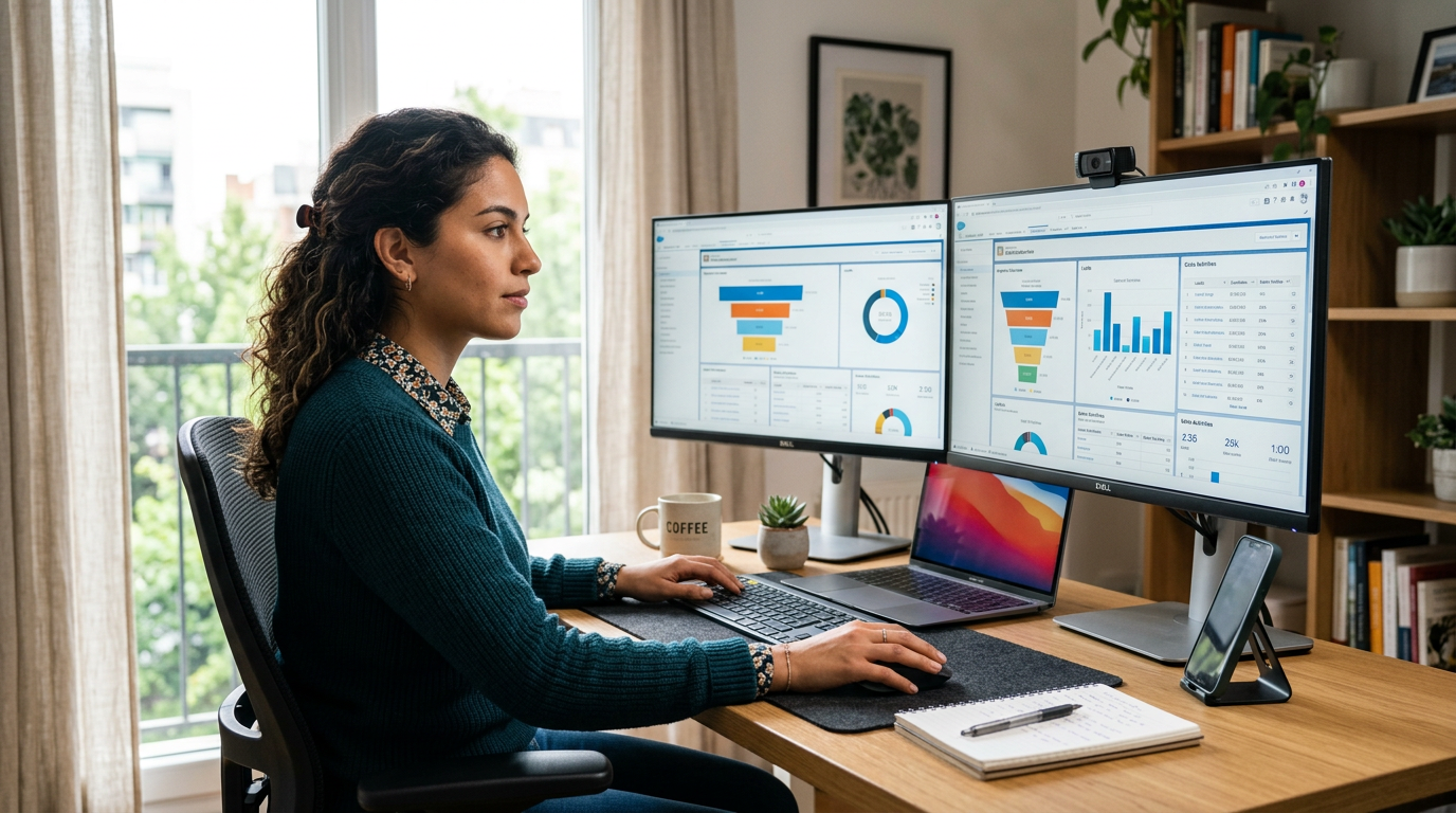 Latin American nearshore BDR working at dual-monitor desk with CRM dashboard open, natural light, focused expression