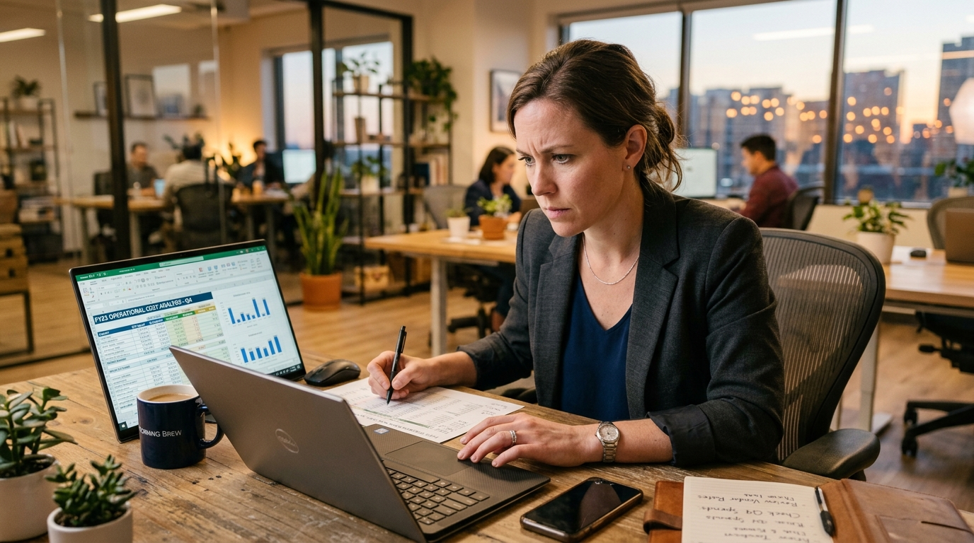 Business owner reviewing junior BDR hiring cost breakdown spreadsheet on laptop in modern office, 2026