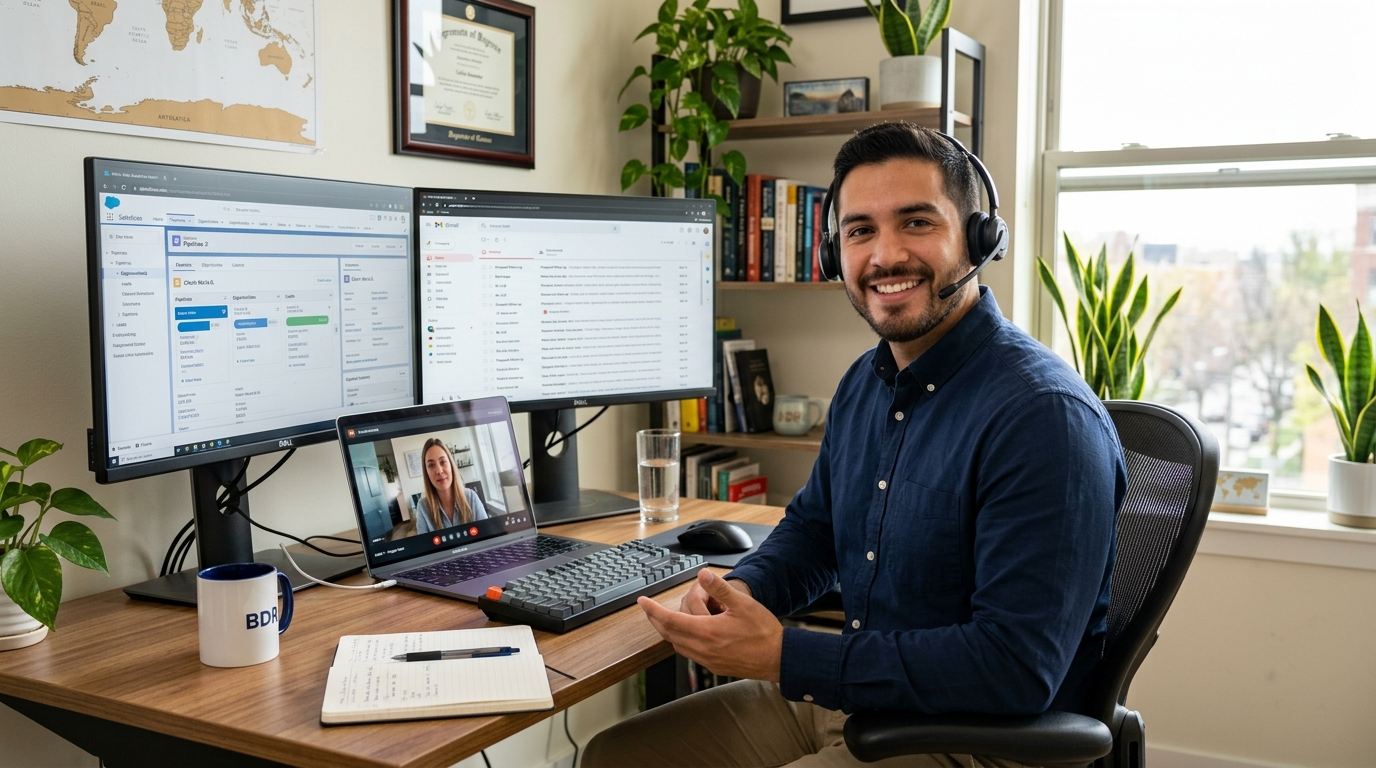 Latin American nearshore BDR on video sales call with client, CRM open on dual monitors, professional home office setup
