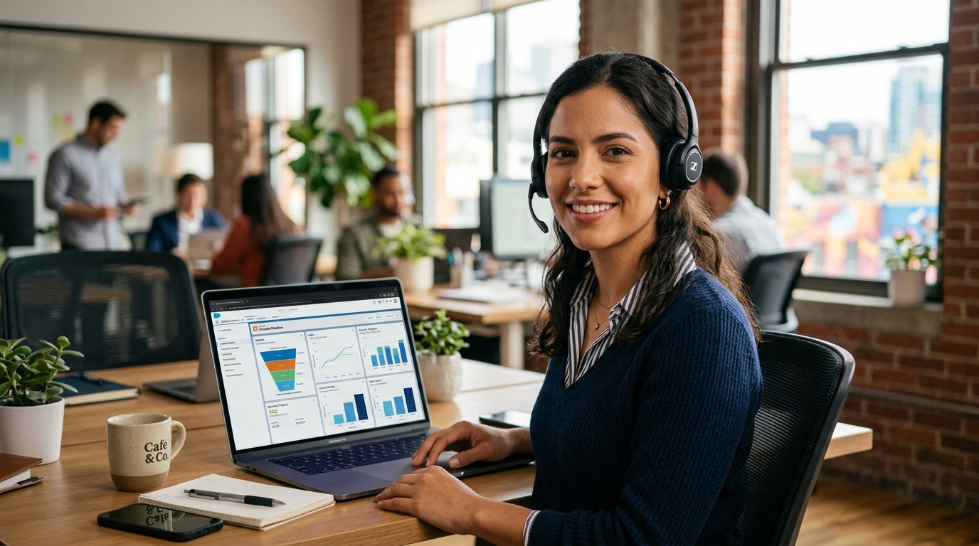 Latin American nearshore sales development rep at laptop with CRM open, headset on, ready to prospect for a US business in 2026