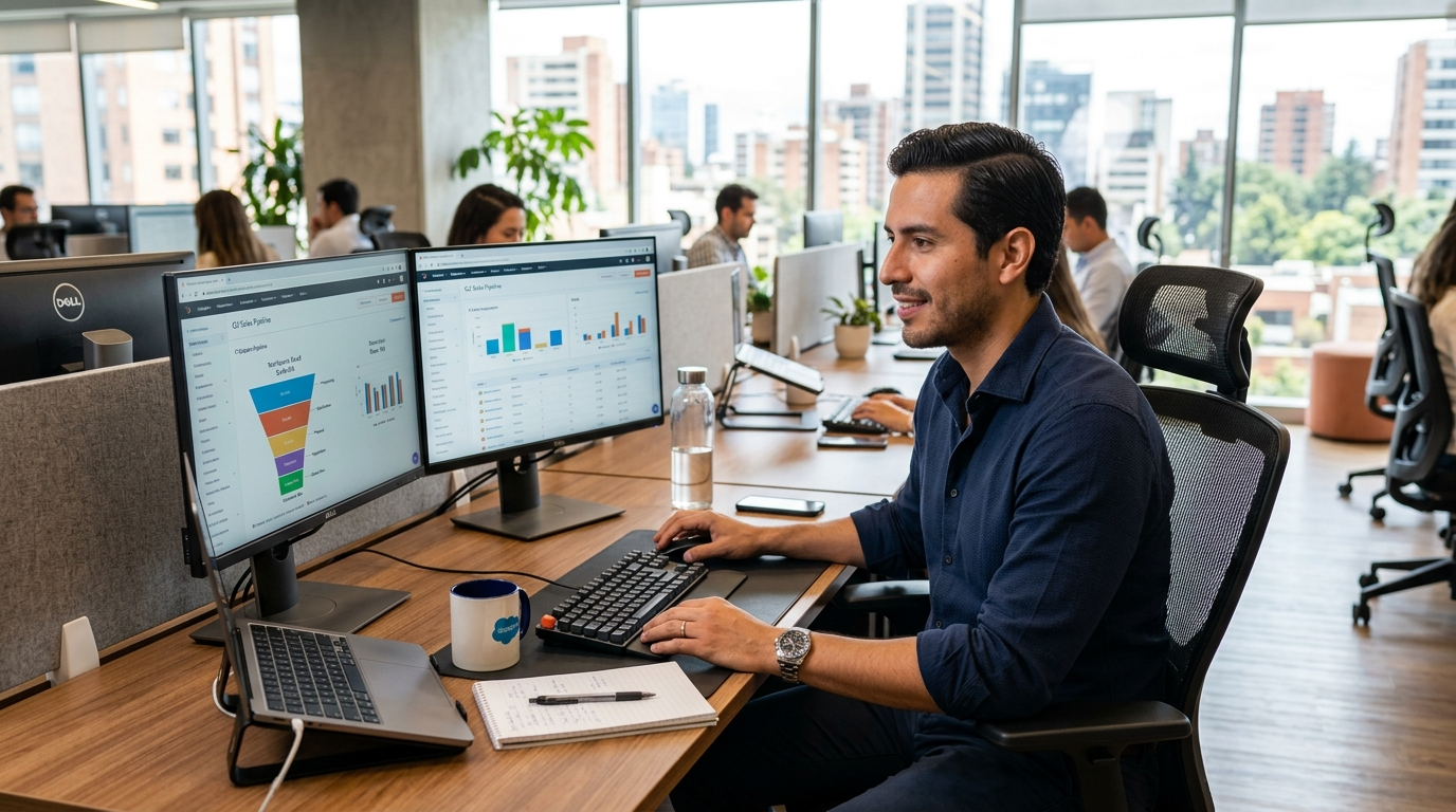 Nearshore SDR reviewing sales pipeline on dual monitors in a bright Latin American office in 2026