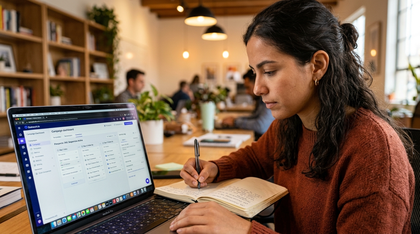 Nearshore SDR writing outbound sequence notes beside a laptop running a sales engagement platform in a Latin American office