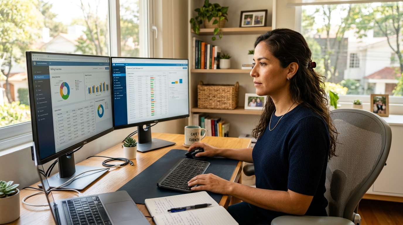 Nearshore dermatology billing specialist reviewing outsourced medical billing dashboard on dual monitors in a Latin American home office