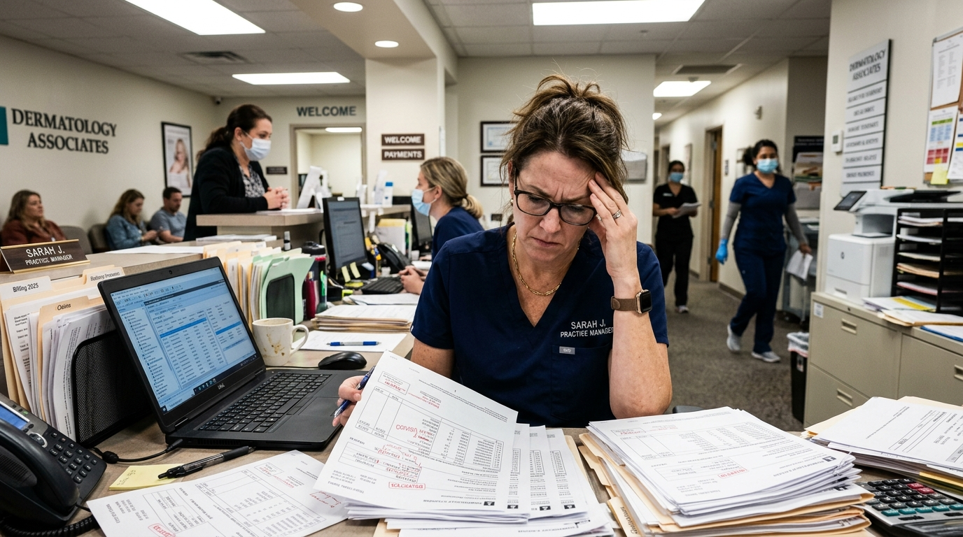 Dermatology practice manager reviewing in-house billing costs and invoices at a clinical front desk in 2026