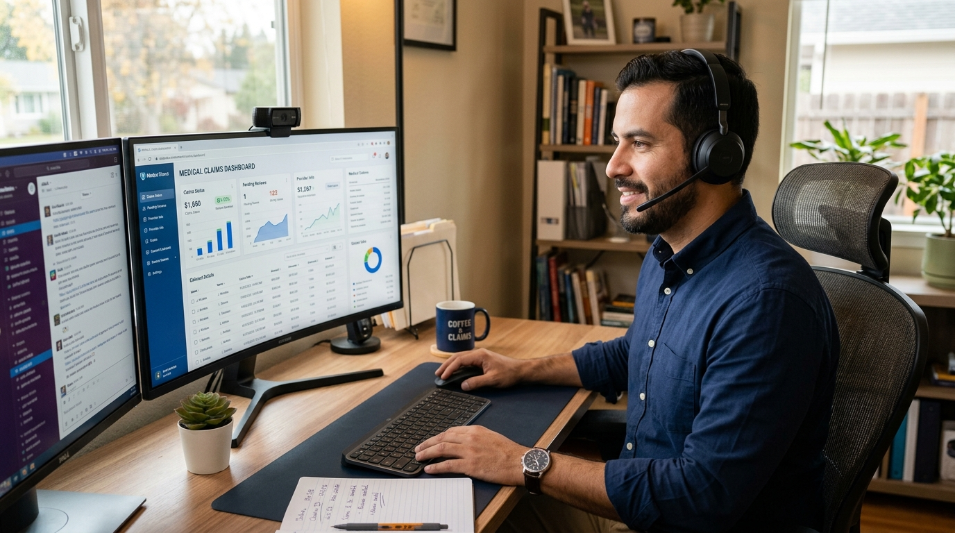 Nearshore dermatology billing VA wearing headset and reviewing insurance claim denials on a billing dashboard in a Latin American home office
