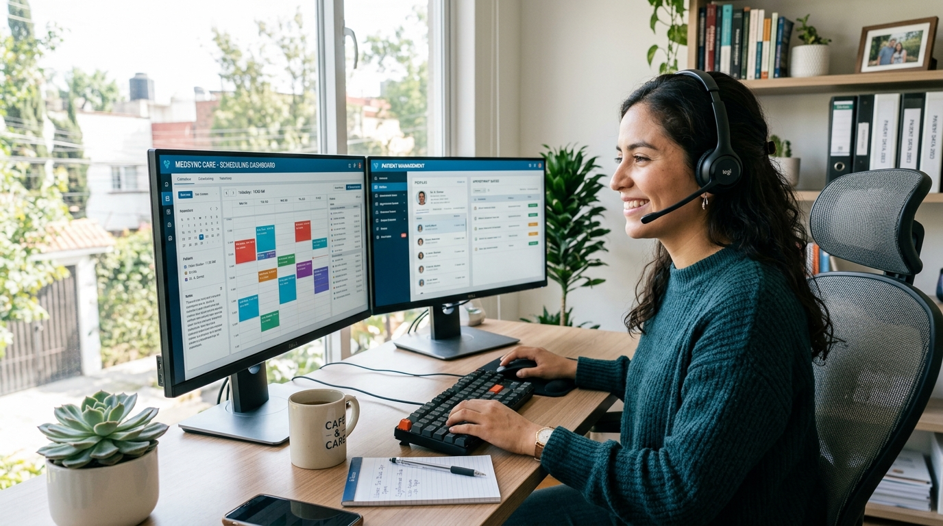 Nearshore virtual medical receptionist at a modern home office reviewing patient scheduling software on dual monitors