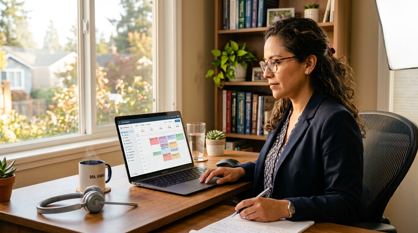 Virtual medical receptionist reviewing patient appointment scheduling software on a laptop at a nearshore home office