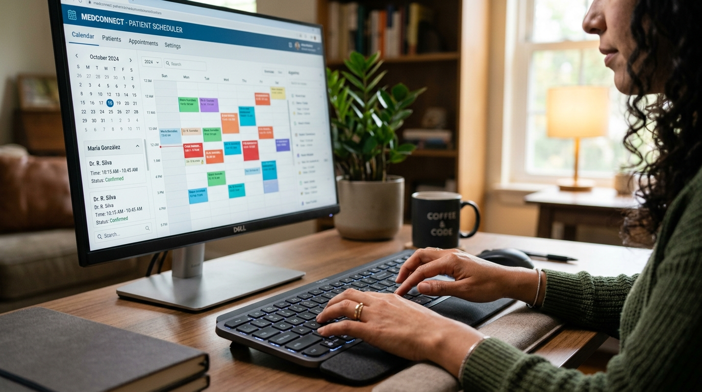 Nearshore virtual medical receptionist using AI-assisted scheduling software to manage patient appointments in real time