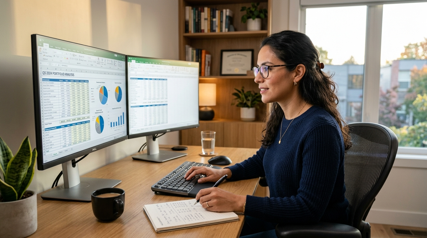 Nearshore virtual bookkeeper supporting CPA firm operations at a modern Latin American home office with dual monitors