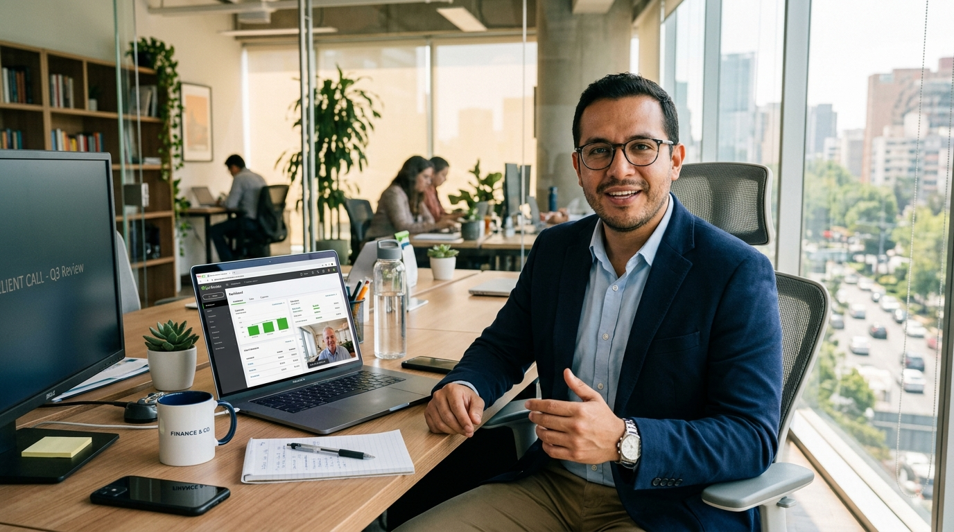 Nearshore virtual accountant supporting CPA firm operations on a QuickBooks video call from a Latin American office