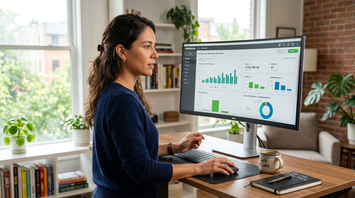Nearshore CPA virtual assistant reviewing ecommerce financials on QuickBooks dashboard in a modern Latin American home office