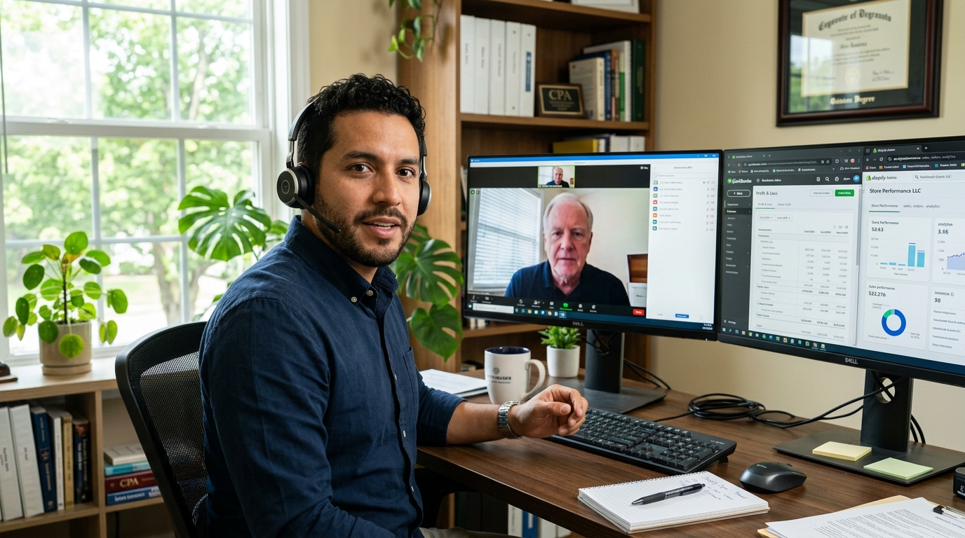 Nearshore ecommerce CPA on video call reviewing Shopify and QuickBooks data with US client during business hours