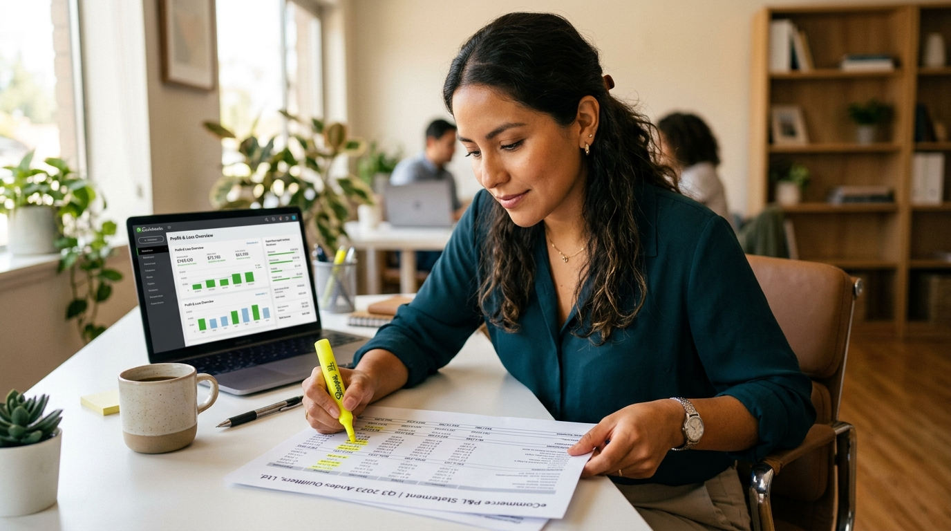 Nearshore ecommerce CPA annotating a P&L report with QuickBooks open, delivering accurate financial reporting for an online store