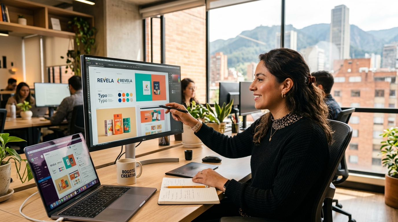 Nearshore creative staffing professional in Latin America reviewing brand design work on monitor during US business hours, 2026