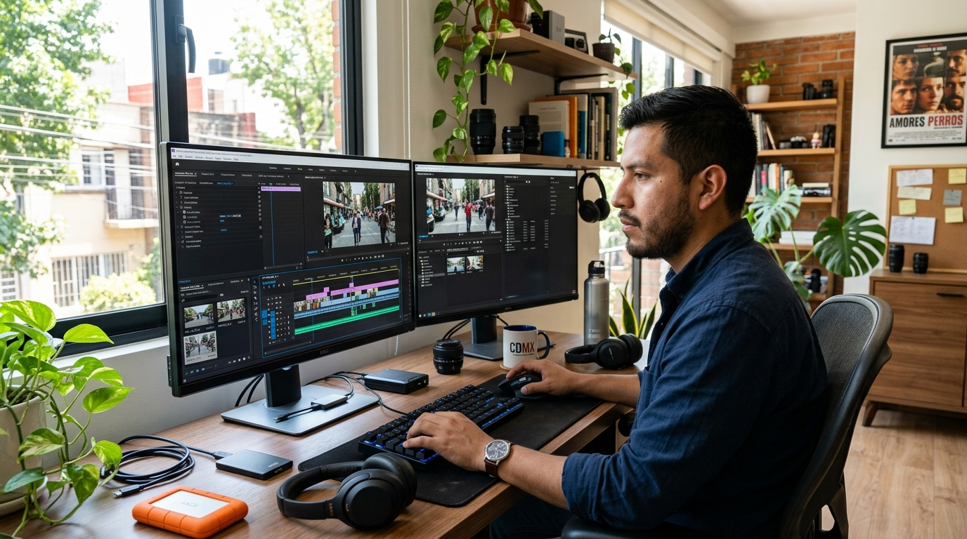Nearshore creative staffing video editor in Mexico City working on Adobe Premiere Pro during US business hours
