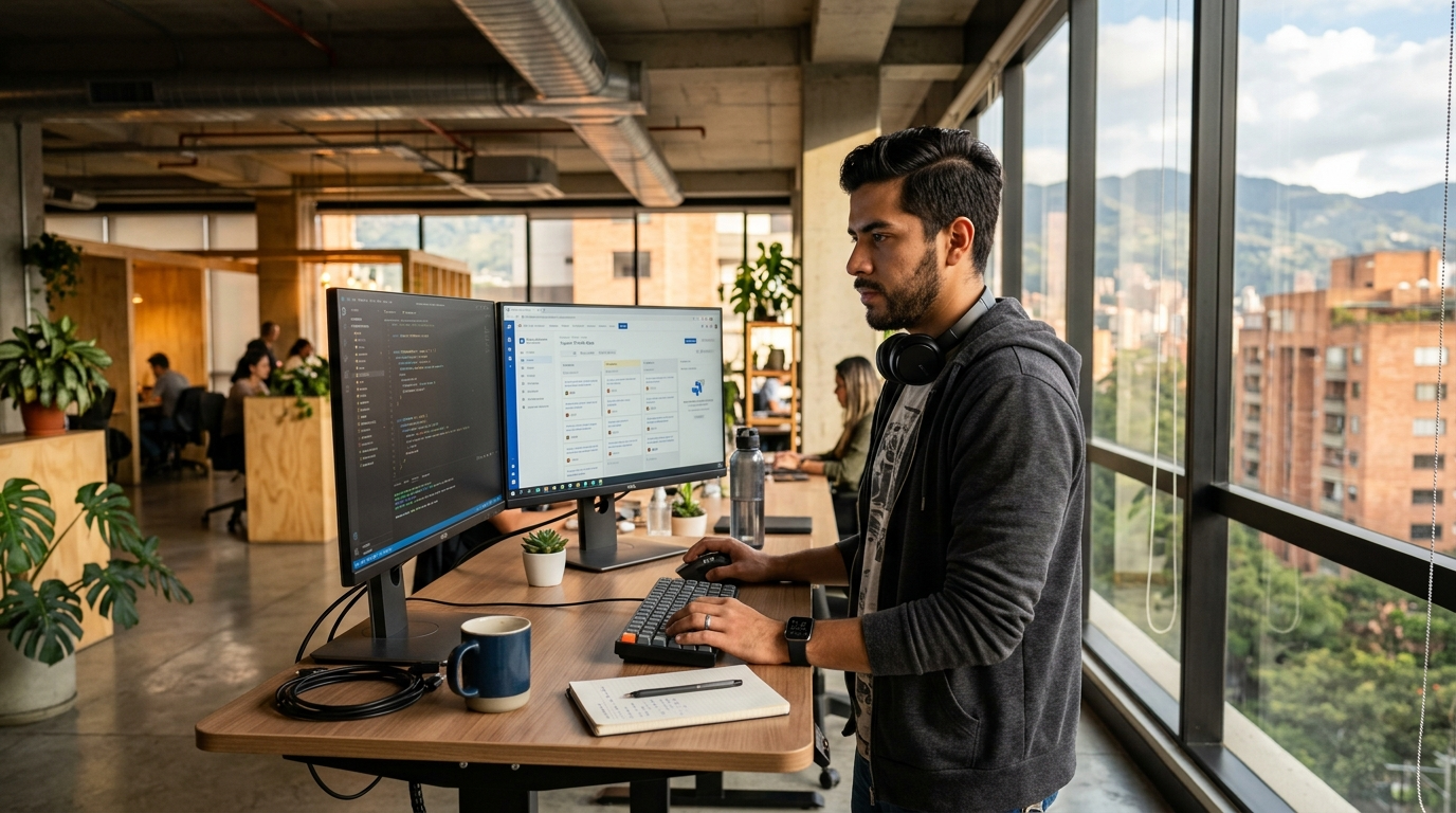 Latin American software developer working on a dedicated nearshore developer team, dual monitors showing code in a modern Bogotá co-working space