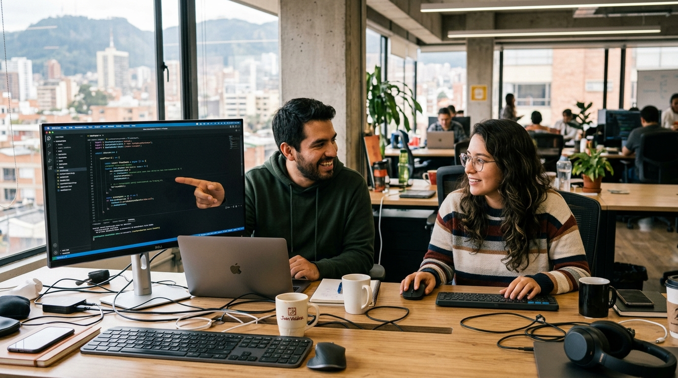 Two Latin American nearshore developers pair-programming on a dedicated team, bright open-plan office with natural daylight