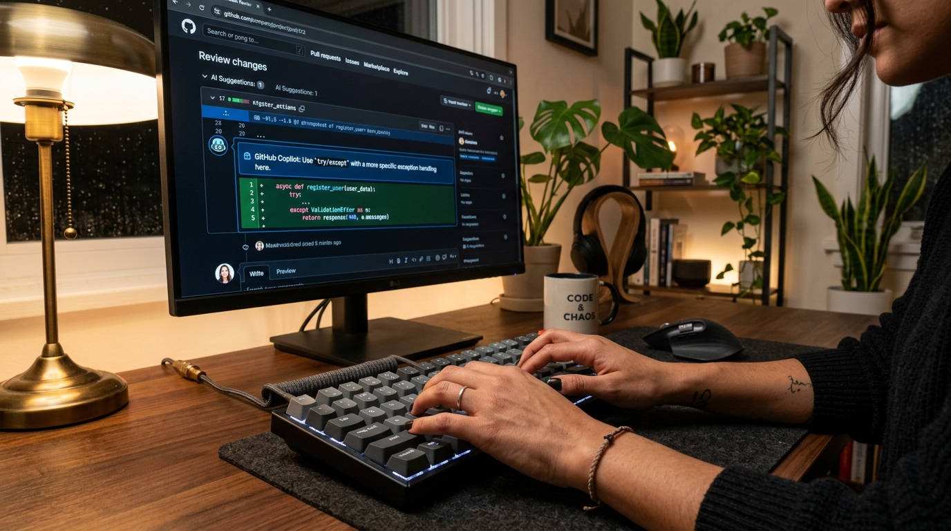 Latin American nearshore developer reviewing a GitHub pull request with AI-assisted suggestions, warm home office environment