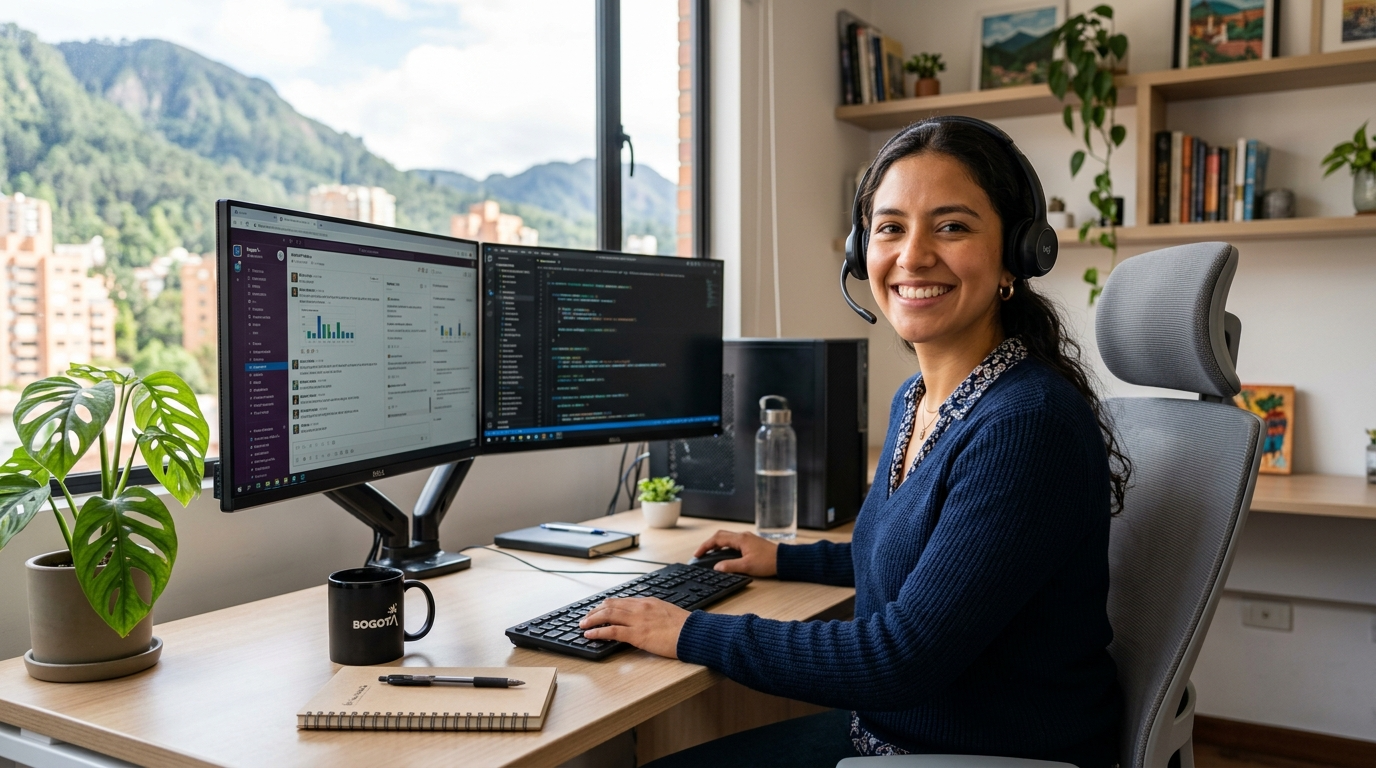 Nearshore dedicated virtual receptionist in Latin America handling inbound calls on a headset in a modern home office