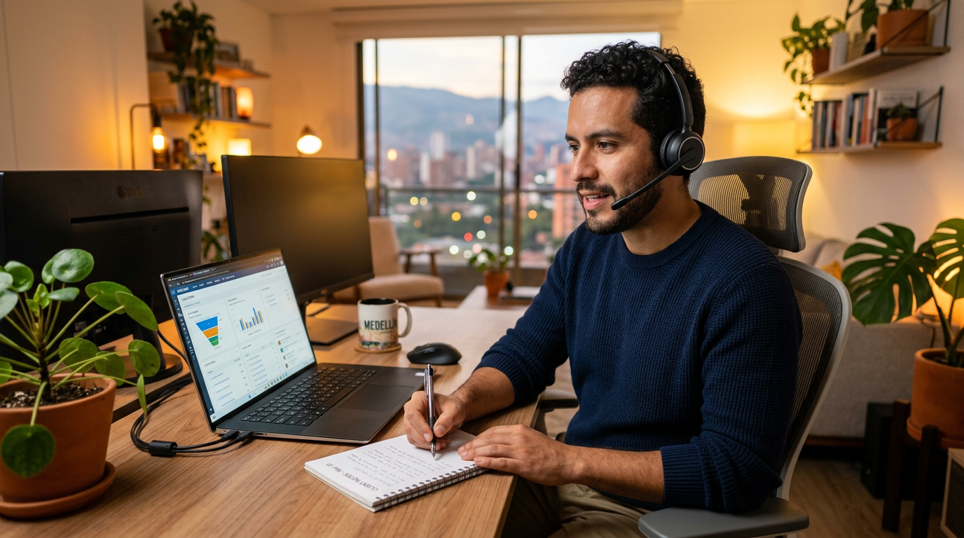 Nearshore virtual receptionist logging lead information into a CRM while handling an inbound business call