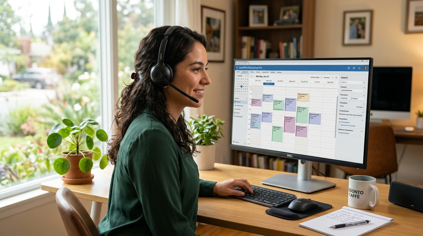 Nearshore dental office virtual assistant reviewing patient scheduling software at a Latin American home office, headset on, natural light