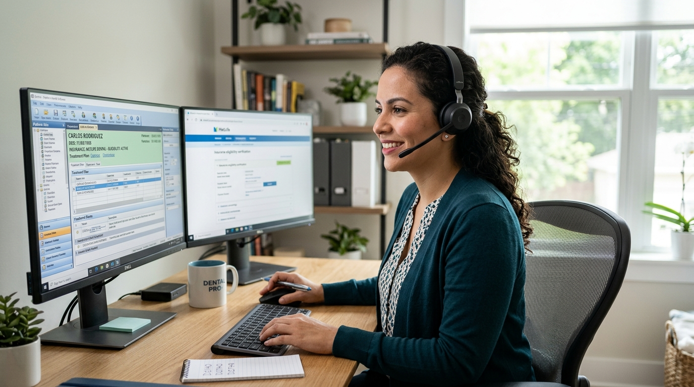 Nearshore dental virtual assistant verifying insurance eligibility in Dentrix software, dual monitors, Latin American home office
