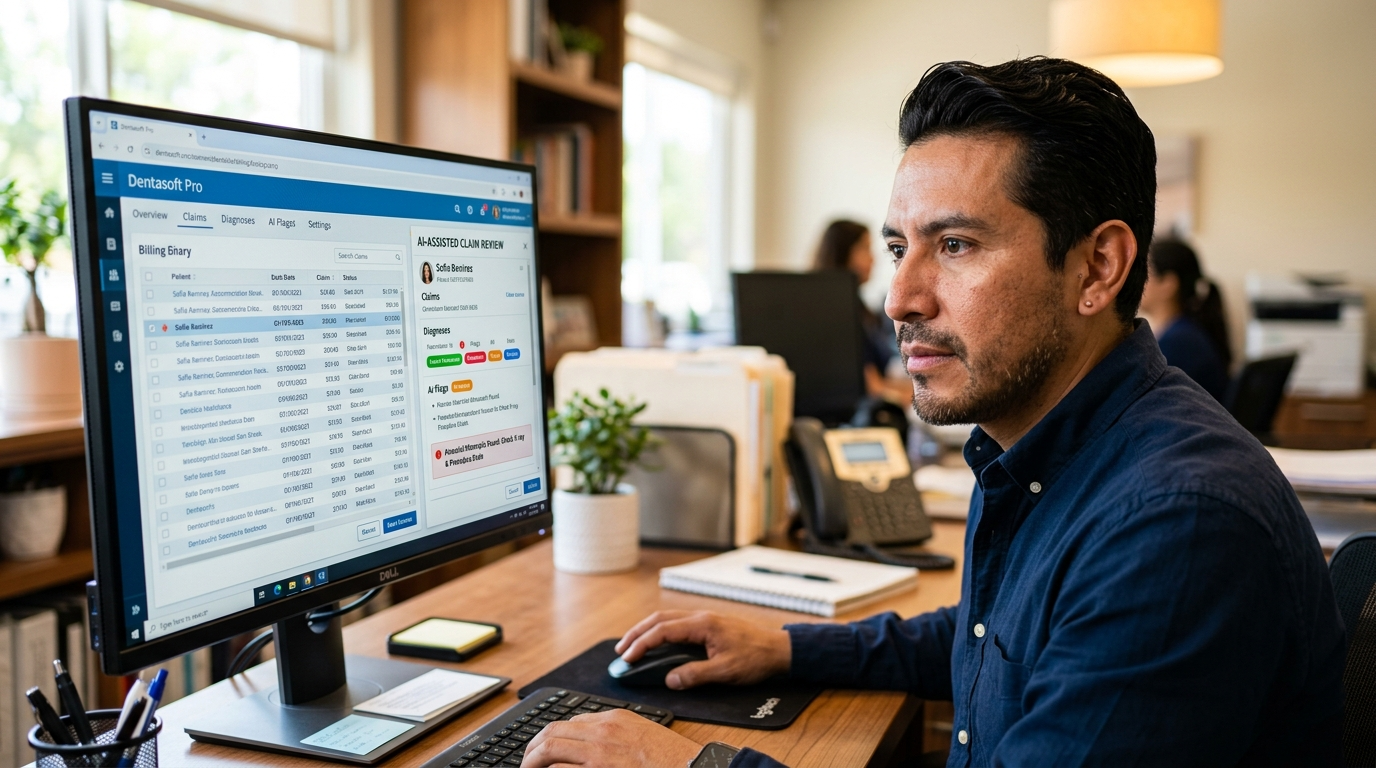 Dental virtual assistant using AI copilot to review insurance claims in dental billing software, Latin American home office, focused expression