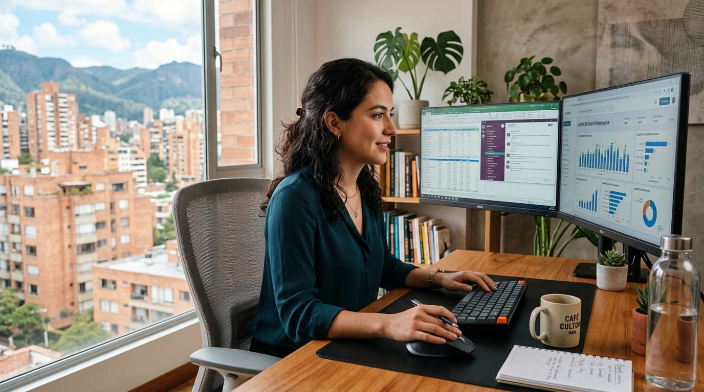 Latin American nearshore professional reviewing development outsourcing dashboard on dual monitors in a modern Bogotá home office
