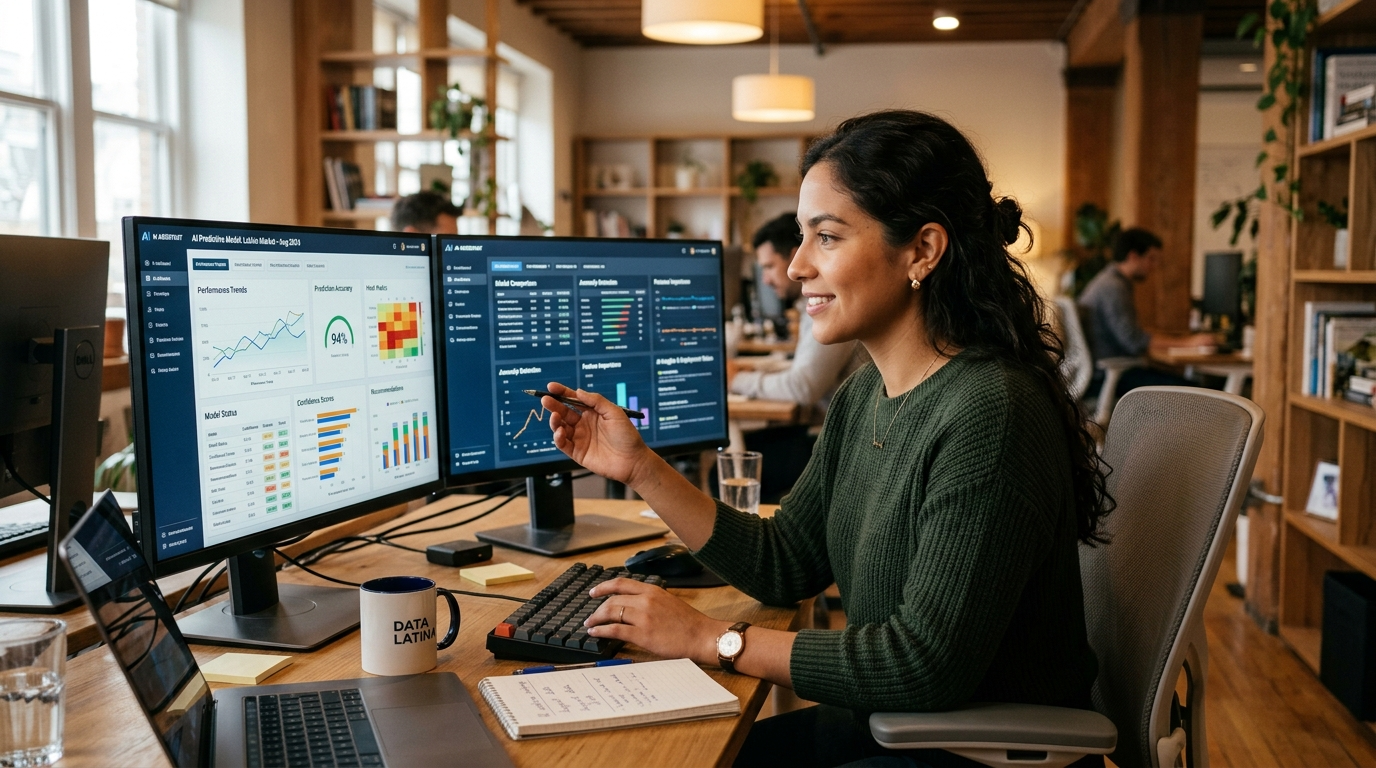 Nearshore Latin American professional using AI copilot software during development outsourcing workflow in modern office