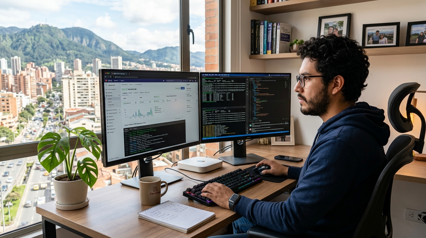 Latin American nearshore DevOps engineer reviewing a CI/CD pipeline dashboard in a modern home office, devops nearshore setup 2026