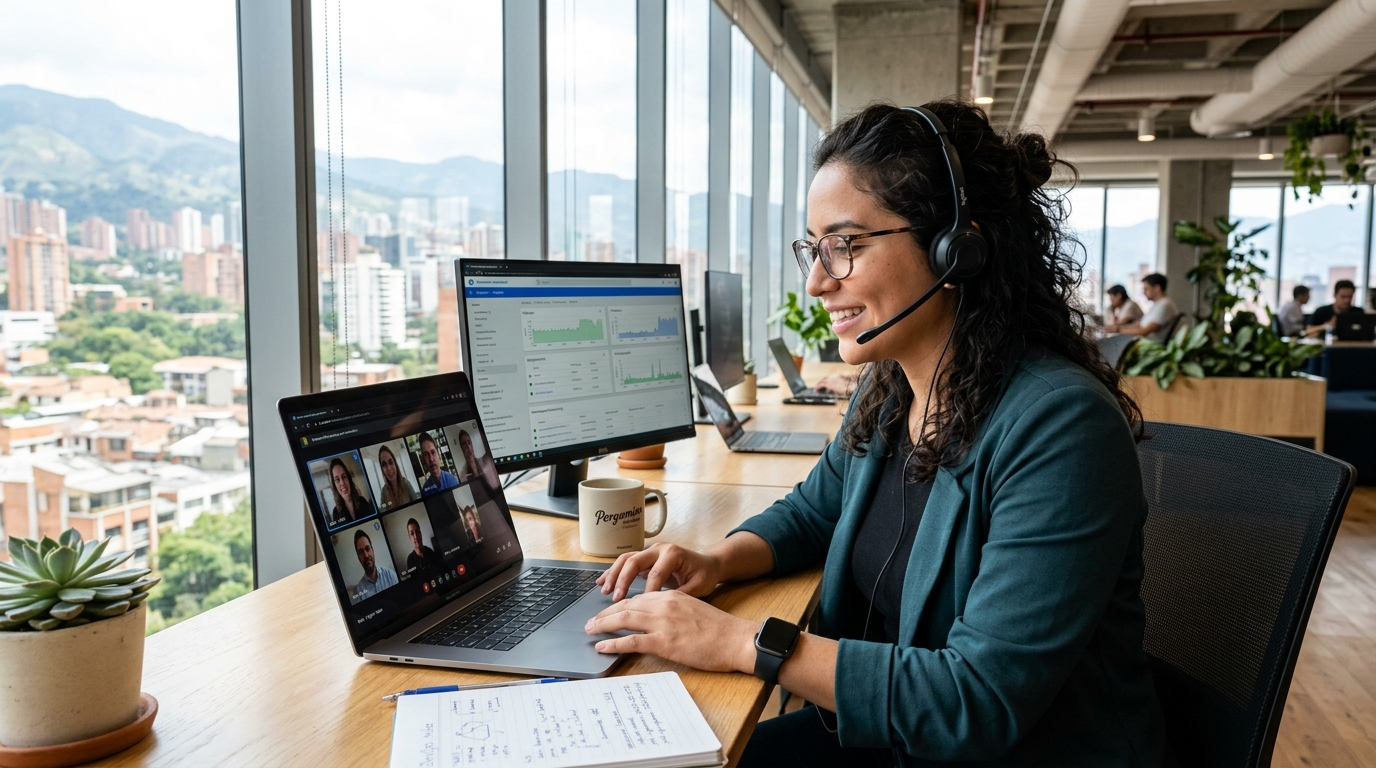 Latin American nearshore DevOps engineer on live video call with US engineering team, Kubernetes dashboard visible, devops nearshore collaboration