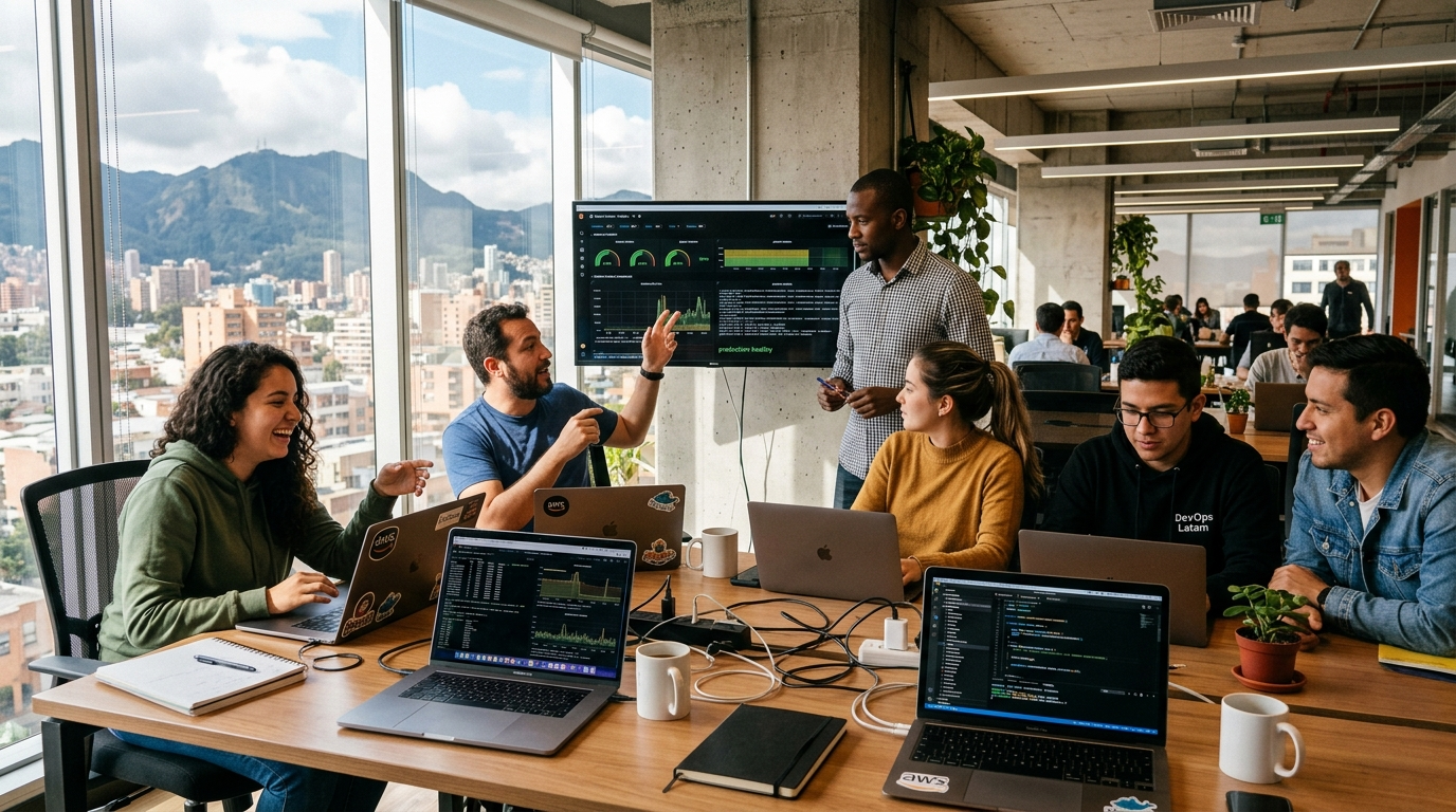 Latin American devops nearshore professionals collaborating in a modern Bogota co-working space, laptops showing infrastructure monitoring dashboards