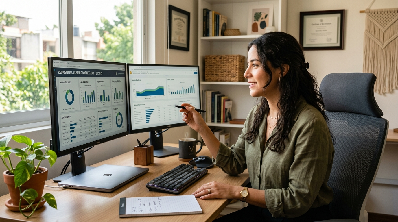 Nearshore virtual assistant reviewing digital leasing agent software dashboard on dual monitors in a bright home office.