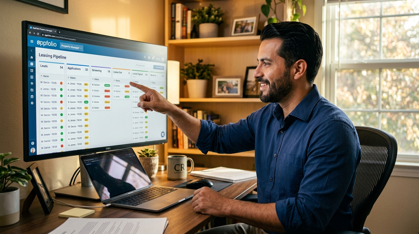 Nearshore VA reviewing an AppFolio digital leasing pipeline on a large monitor in a professional home office.