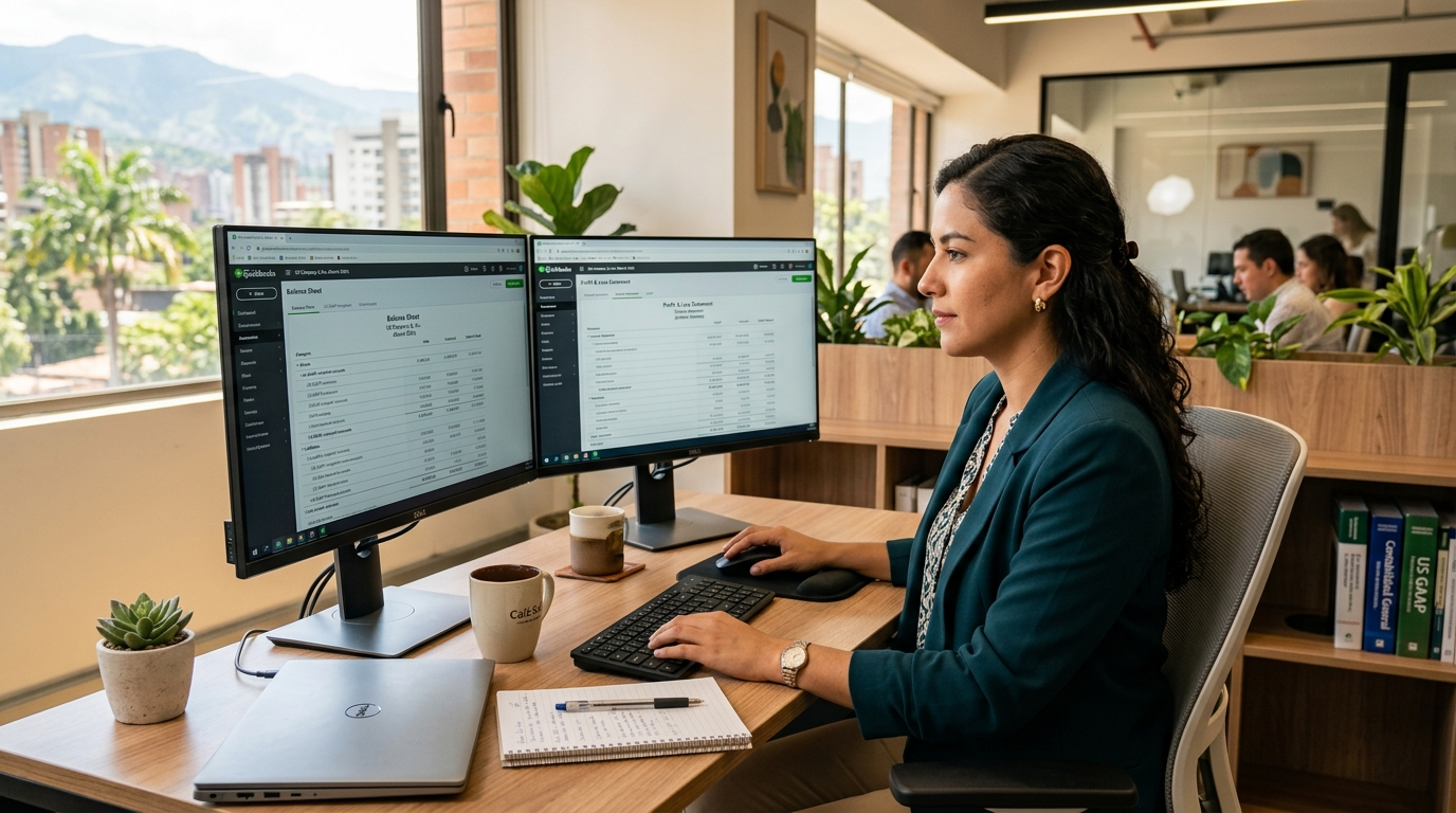 Nearshore bookkeeper in Latin America reviewing US GAAP financial statements on QuickBooks, dual monitors, professional office setting