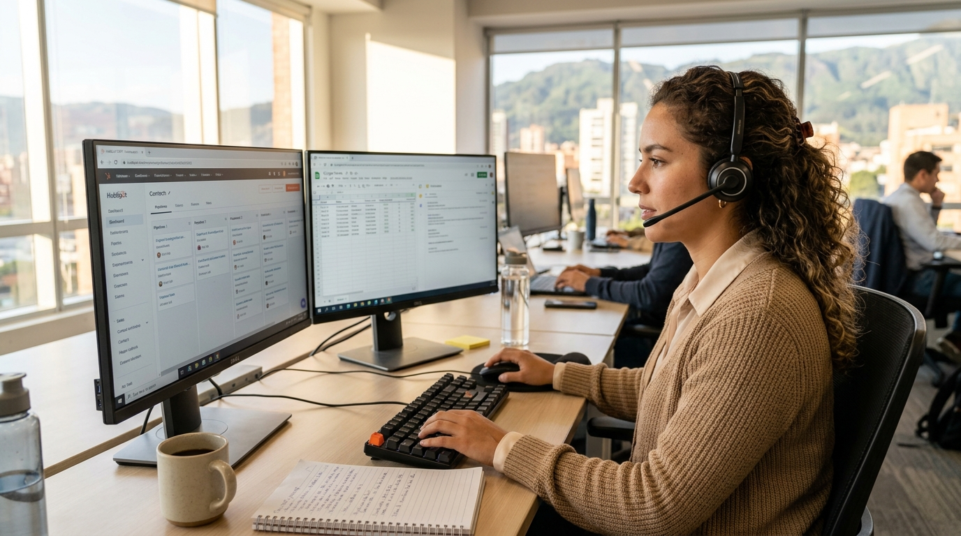 Nearshore SDR using HubSpot CRM at a dual-monitor workstation during US business hours, Latin America