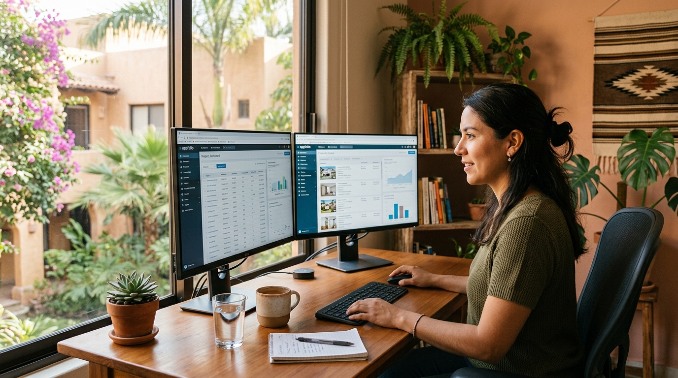 Nearshore VA for boutique property management firm reviewing AppFolio dashboard on dual monitors at a Latin American home office