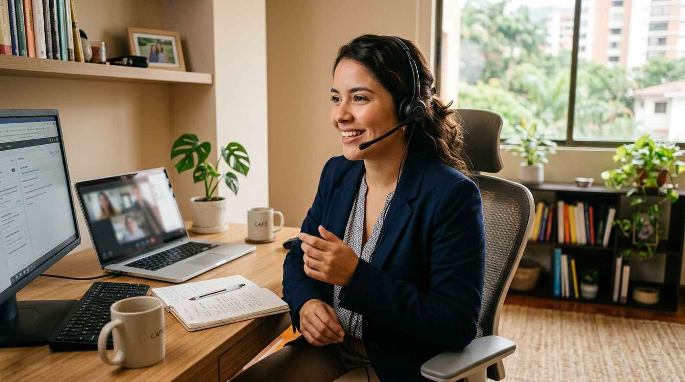 Nearshore virtual assistant in Latin America speaking fluent English on a headset at a professional home office setup
