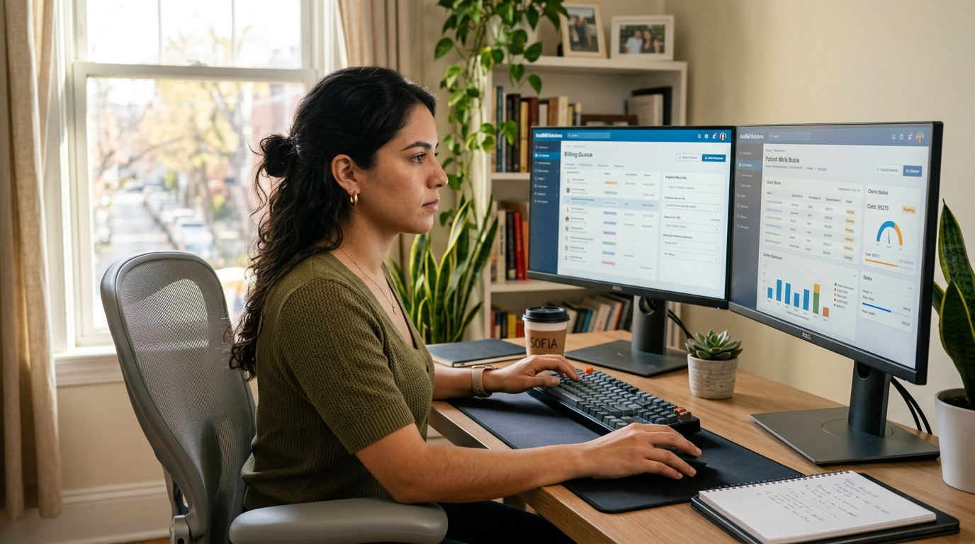 Nearshore Latin American virtual assistant managing DrChrono medical billing claims on dual monitors in a home office