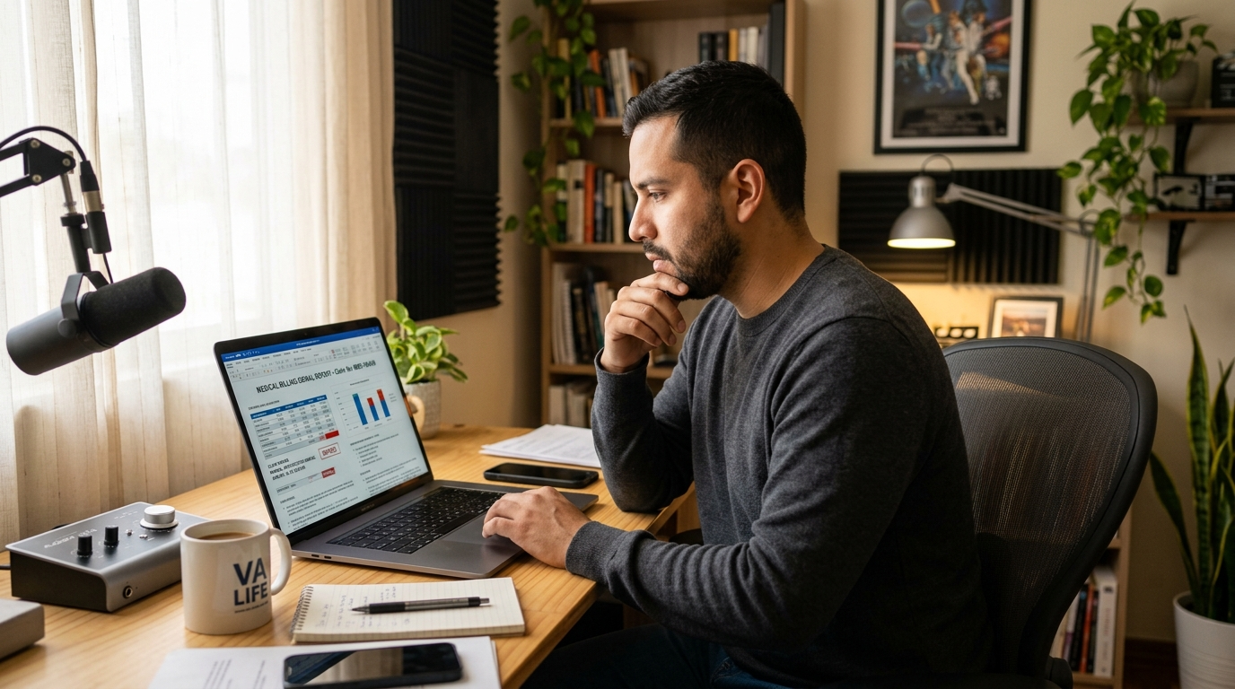 Nearshore DrChrono billing virtual assistant reviewing a denial management report on a laptop in a Latin American home office