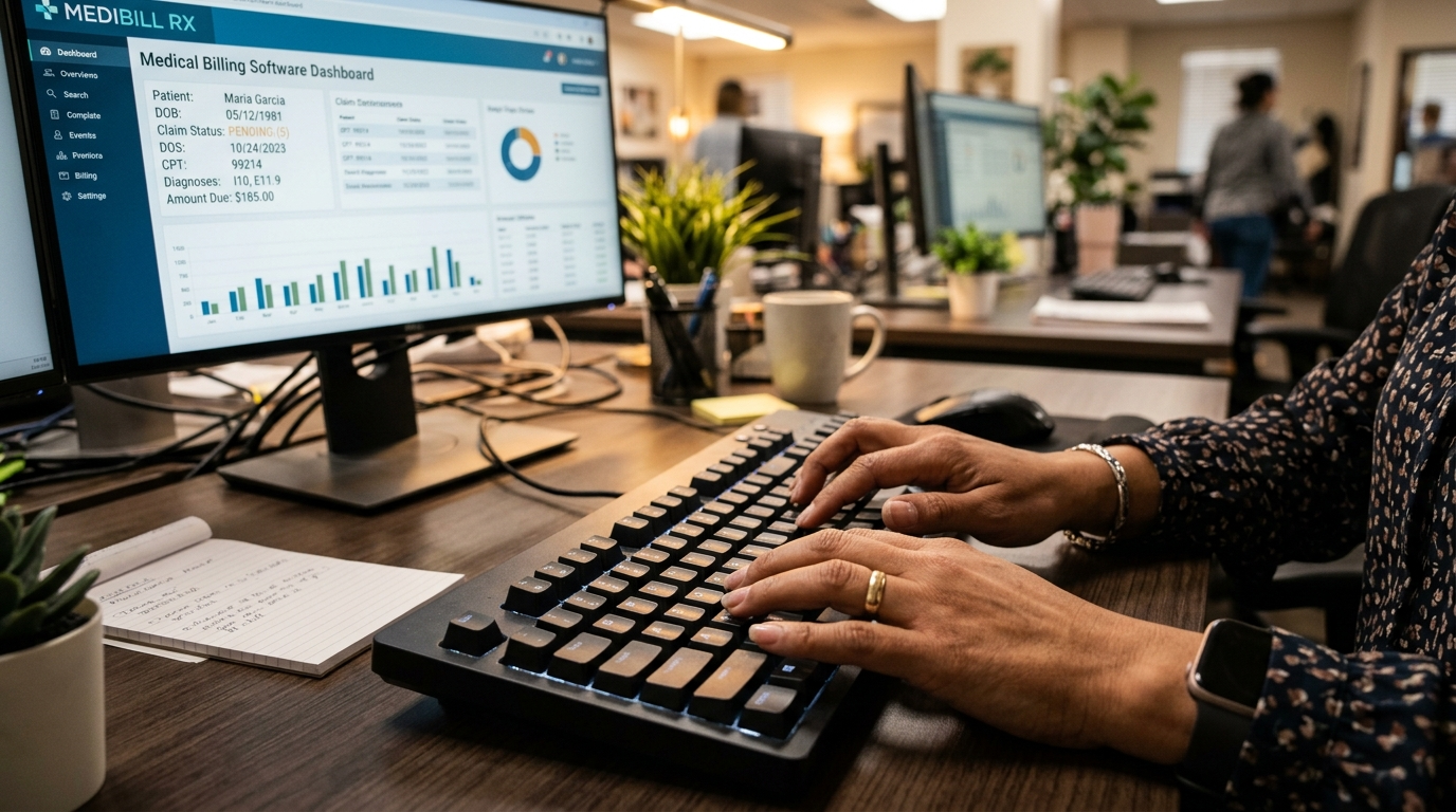 DrChrono virtual assistant for medical billing typing on keyboard with EHR billing dashboard visible on screen
